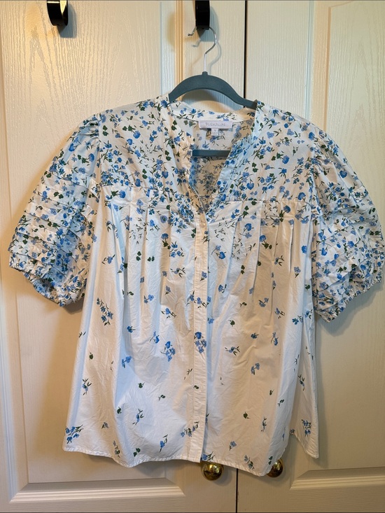 Sugarlips Tops - Sugarlips White Floral Button-Front Puff Sleeve Blouse
